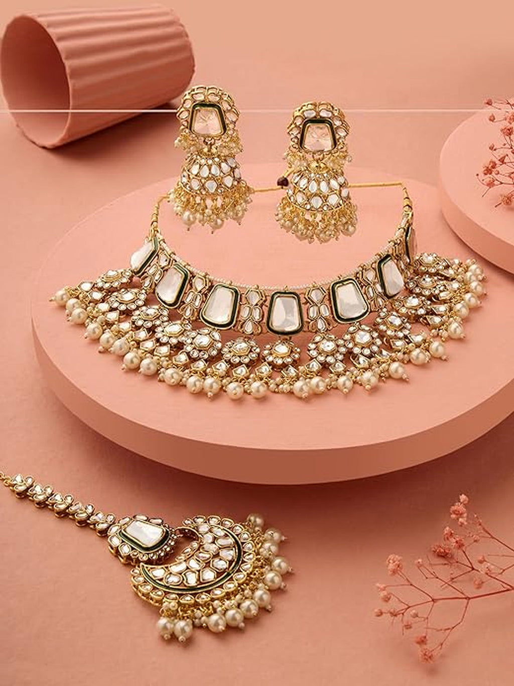 Jewel City Traditional Handcrafted Kundan Pearl Choker Necklace Set with Jhumka Earrings and Maang Tikka – Bridal Jewelry Set | Grocsy