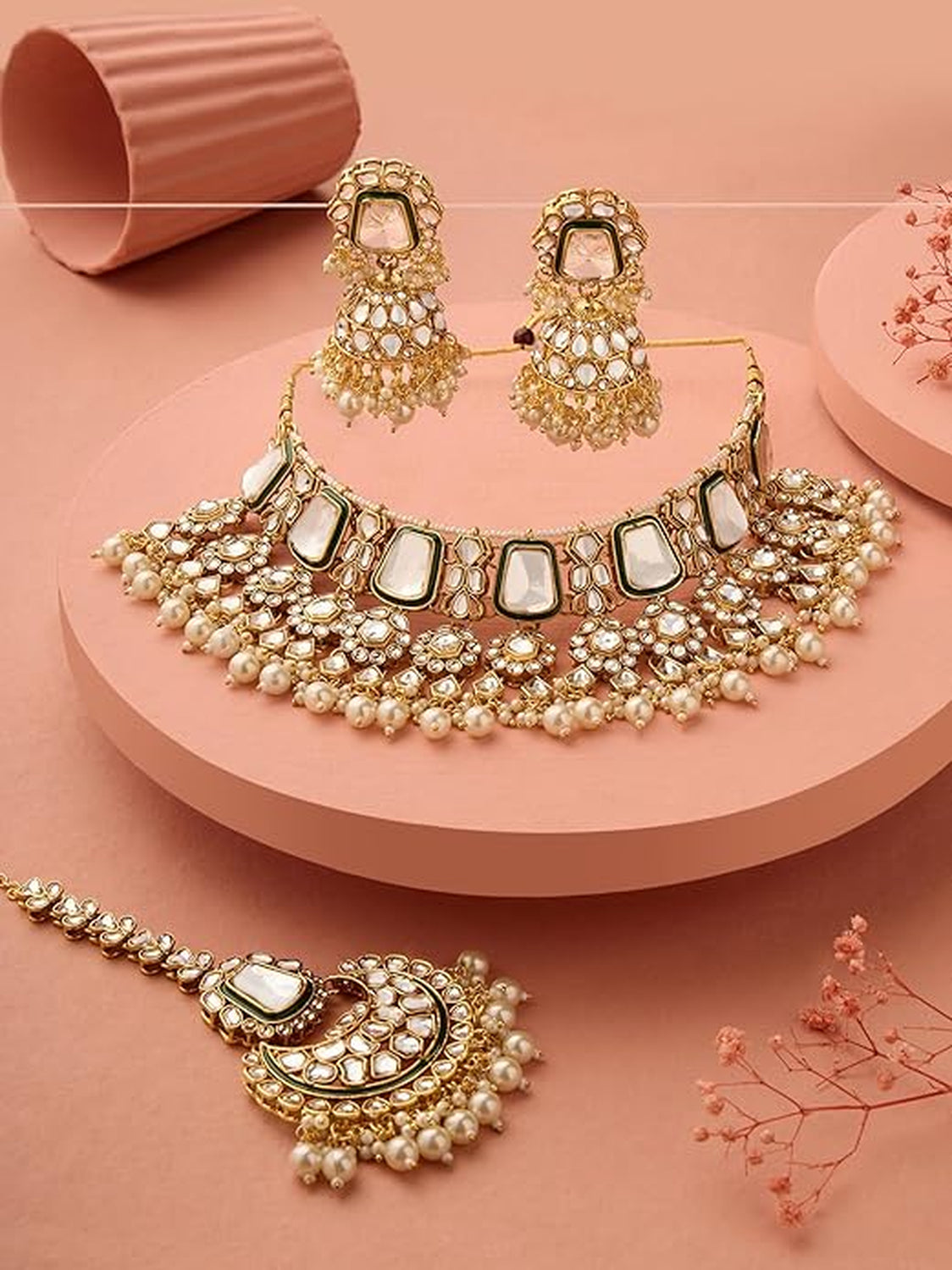 Jewel City Traditional Handcrafted Kundan Pearl Choker Necklace Set with Jhumka Earrings and Maang Tikka – Bridal Jewelry Set | Grocsy