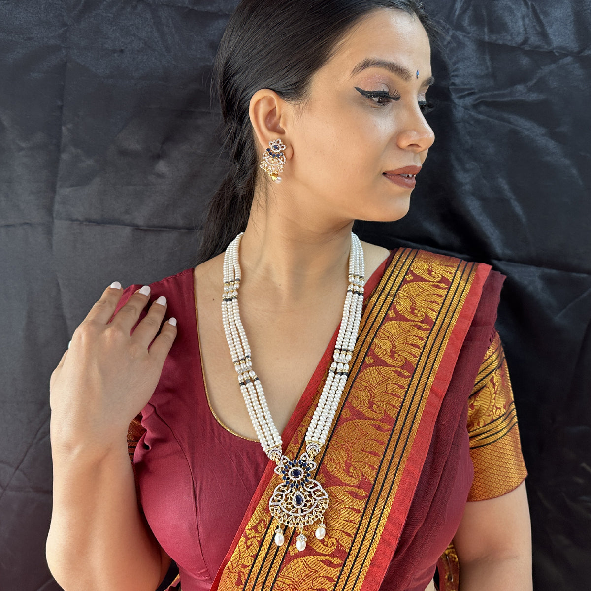 J Pearls Heena 3 Lines Rani Haar Necklace | Grocsy