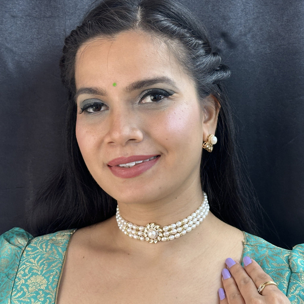J Pearls Mahika 3 Lines Pearl Choker Set | Grocsy