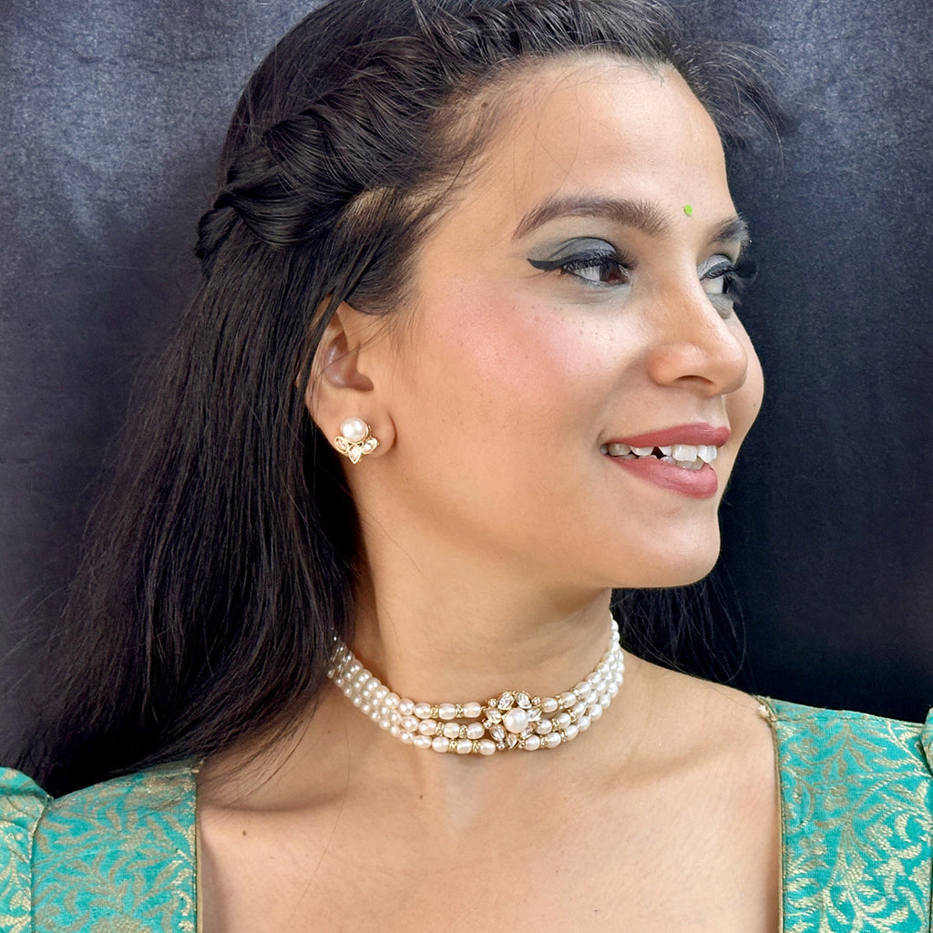 J Pearls Zivah 3 Lines Pearl Choker Set | Grocsy