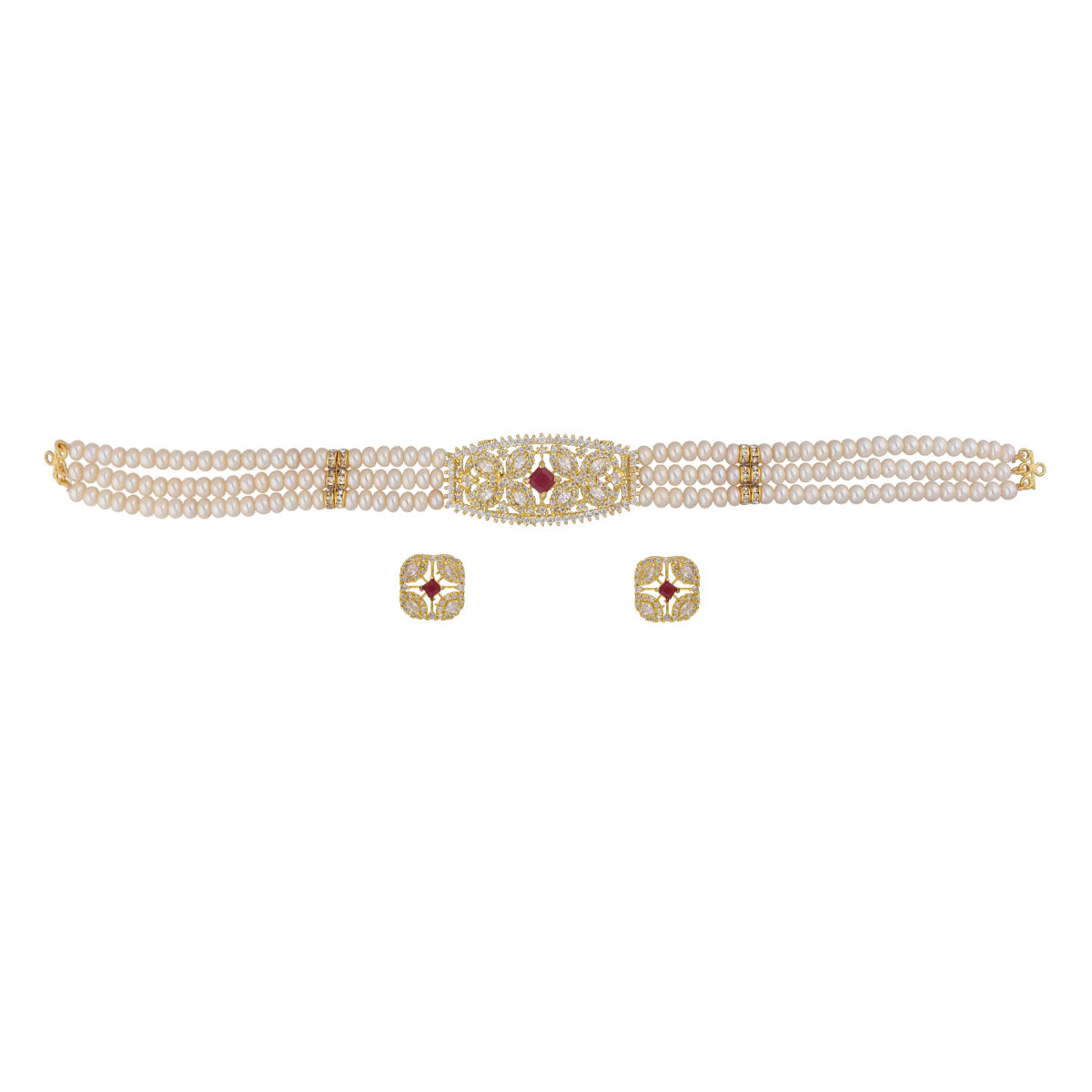 J Pearls Kyra 3 Lines Round Choker Set - Real Pearl Jewelry | Grocsy