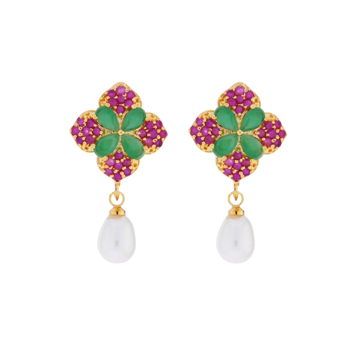 J Pearls Ruby Emerald Semi Precious Stone Drop Earrings - Real Pearl Jewelry | Grocsy