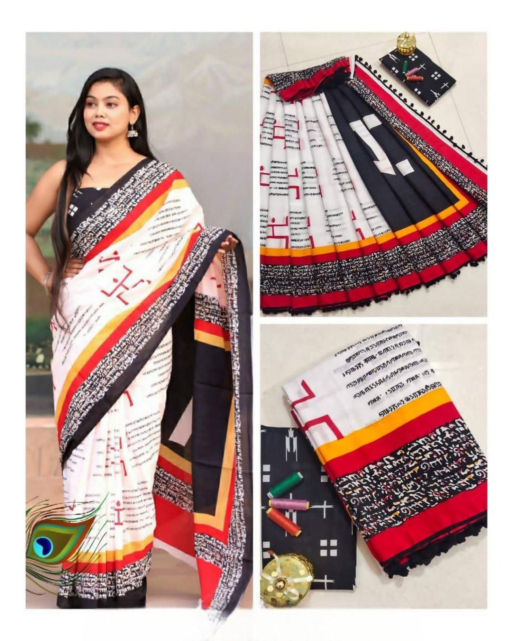 Exclusive Collection White Black Red Beautiful Mulmul Cotton Saree | Grocsy