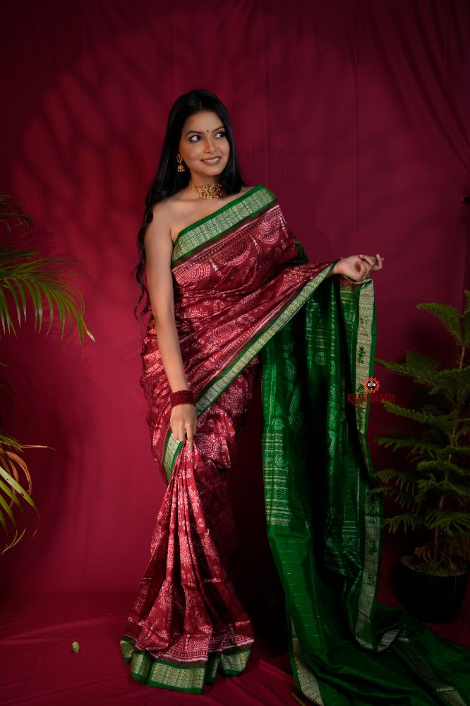 khanduapata Maroon & Lush Green Body Design Silk Saree For Women | Grocsy