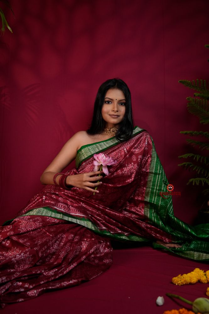 khanduapata Maroon & Lush Green Body Design Silk Saree For Women | Grocsy