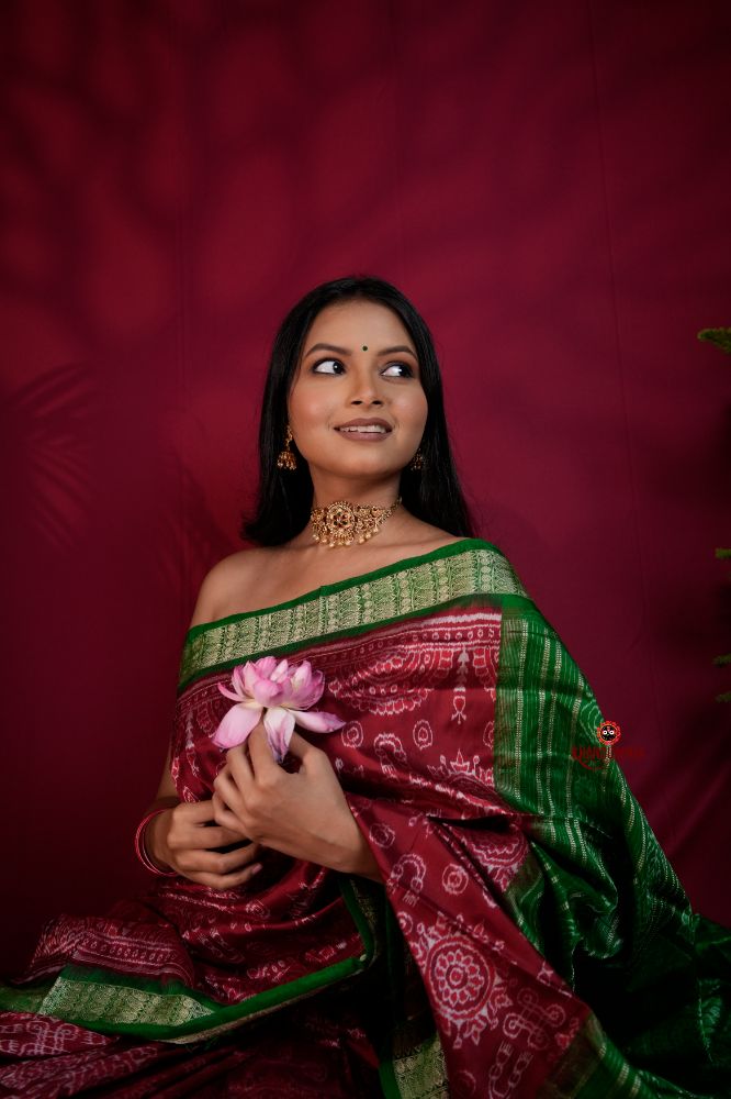 khanduapata Maroon & Lush Green Body Design Silk Saree For Women | Grocsy