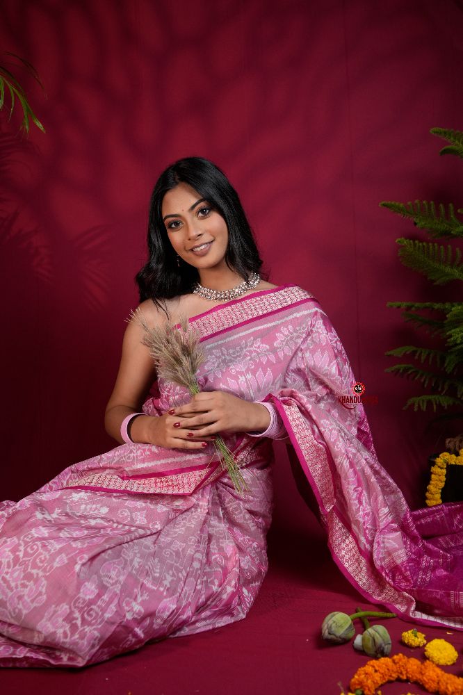khanduapata Blush Pink & Intricate White Floral Design Silk Saree For Women | Grocsy