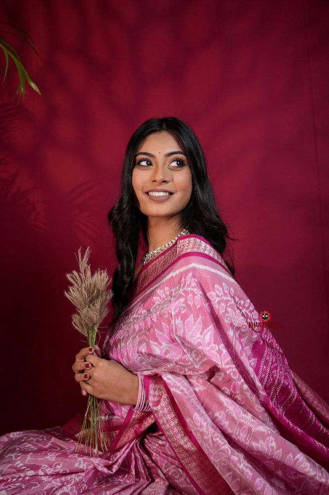 khanduapata Blush Pink & Intricate White Floral Design Silk Saree For Women | Grocsy