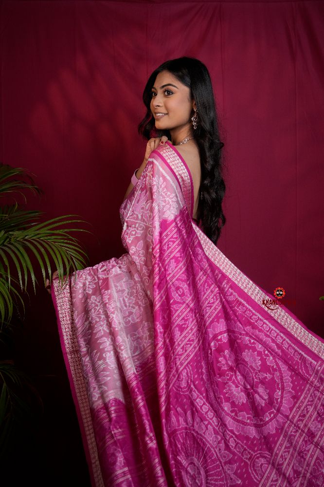 khanduapata Blush Pink & Intricate White Floral Design Silk Saree For Women | Grocsy