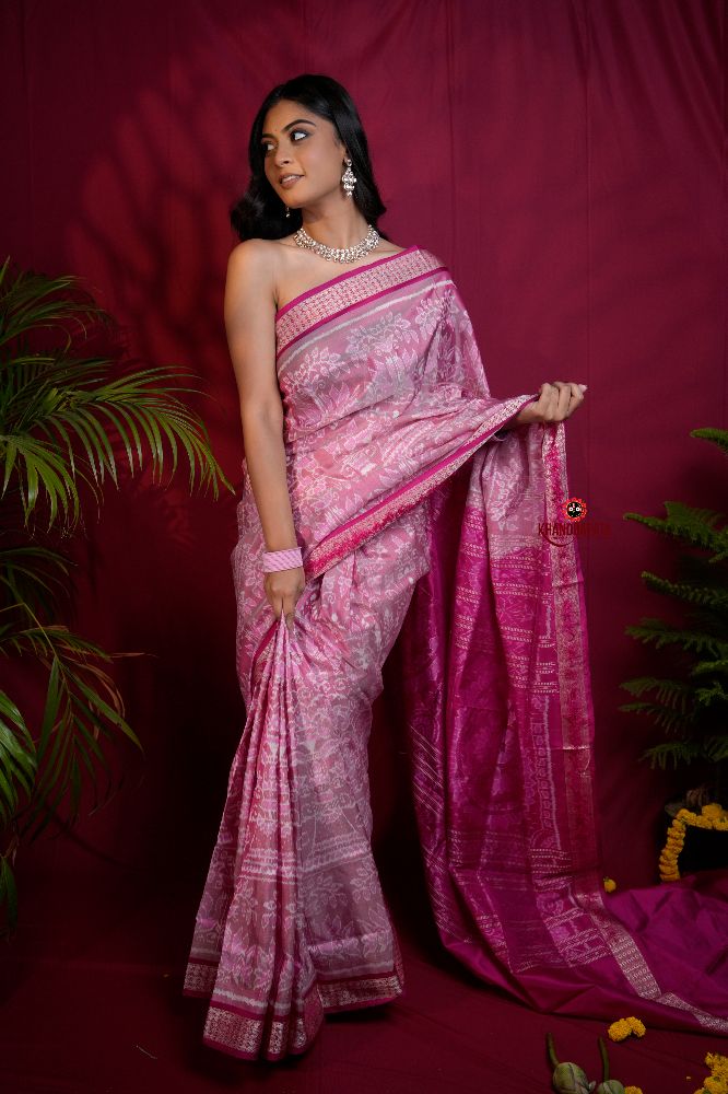 khanduapata Blush Pink & Intricate White Floral Design Silk Saree For Women | Grocsy