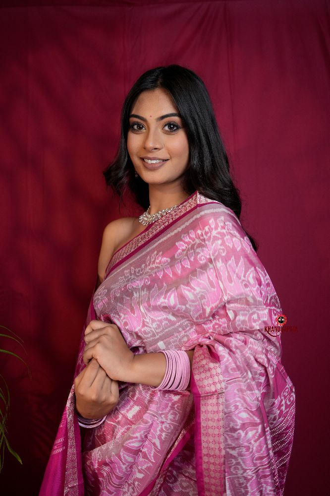 khanduapata Blush Pink & Intricate White Floral Design Silk Saree For Women | Grocsy
