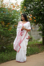 khanduapata White & Red Leaf Pattern Cotton Saree For Women | Grocsy