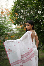 khanduapata White & Red Leaf Pattern Cotton Saree For Women | Grocsy