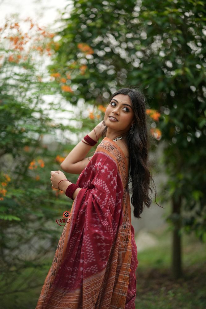 khanduapata Maroon & Orange Colour Tribal Design Cotton Saree For Women | Grocsy