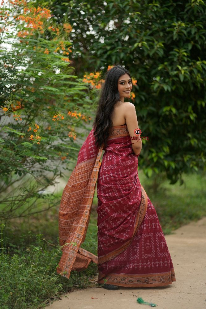 khanduapata Maroon & Orange Colour Tribal Design Cotton Saree For Women | Grocsy