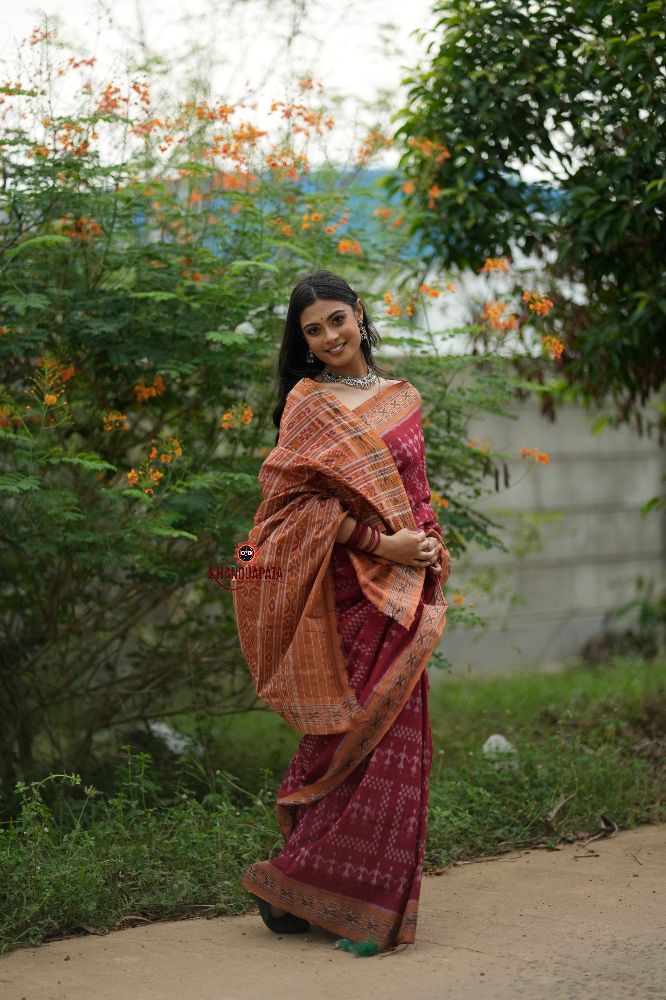 khanduapata Maroon & Orange Colour Tribal Design Cotton Saree For Women | Grocsy