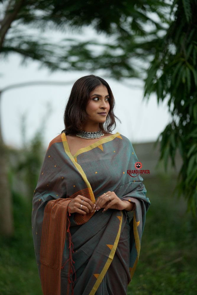 khanduapata Orange and Grey Dot Pattern Cotton Saree For Women | Grocsy