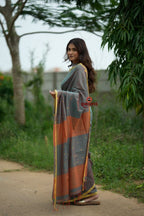 khanduapata Orange and Grey Dot Pattern Cotton Saree For Women | Grocsy