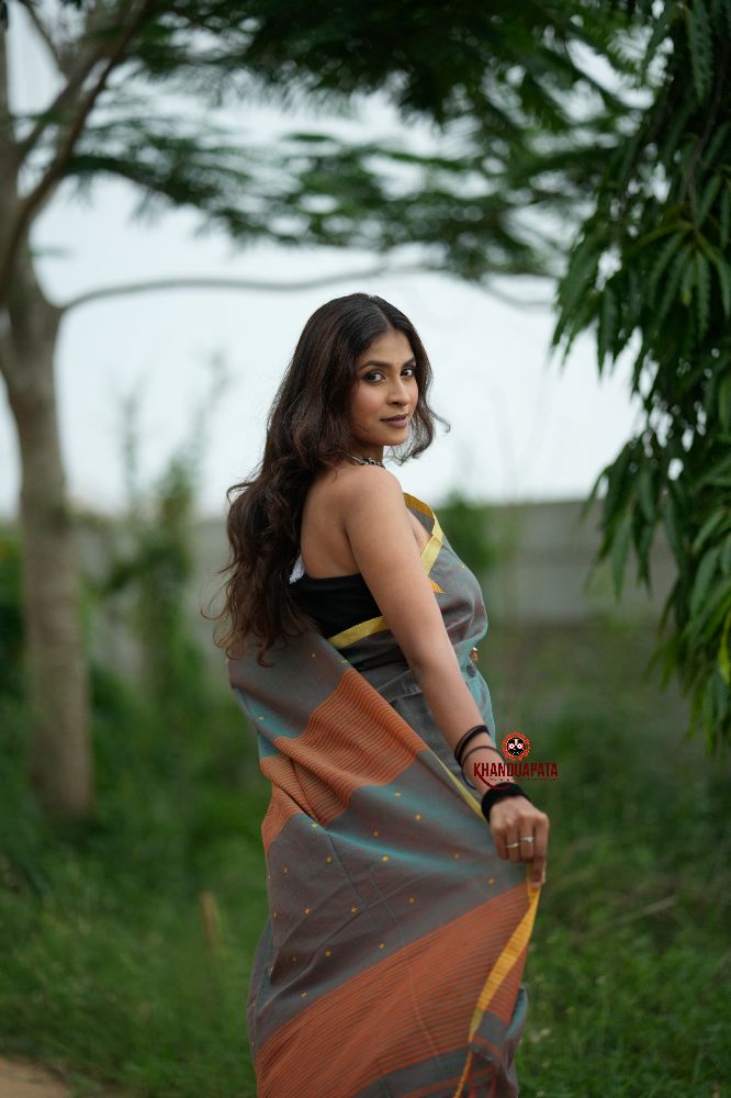 khanduapata Orange and Grey Dot Pattern Cotton Saree For Women | Grocsy