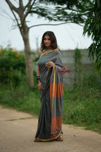khanduapata Orange and Grey Dot Pattern Cotton Saree For Women | Grocsy