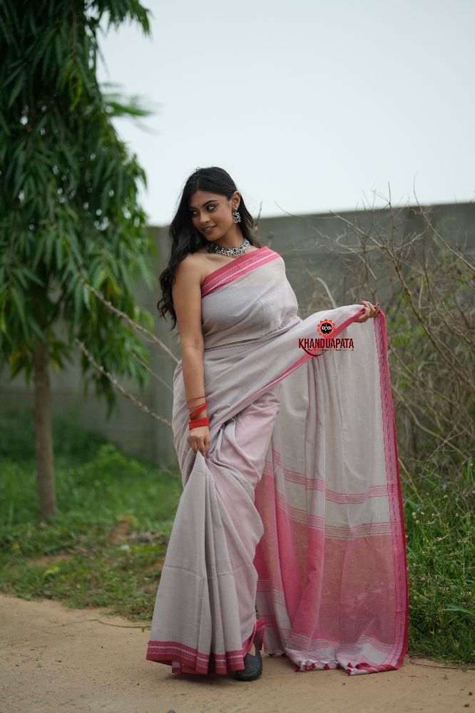 khanduapata Grey and Soft Pink Cotton Saree For Women | Grocsy