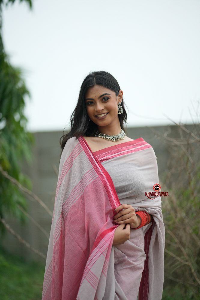 khanduapata Grey and Soft Pink Cotton Saree For Women | Grocsy