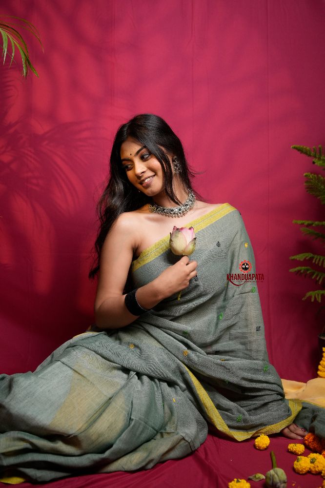 khanduapata Grey and Yellow Dot Pattern Cotton Saree For Women | Grocsy