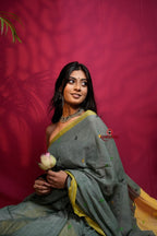 khanduapata Grey and Yellow Dot Pattern Cotton Saree For Women | Grocsy