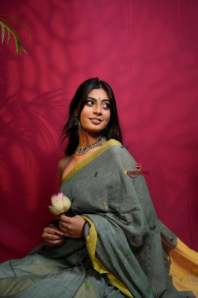 khanduapata Grey and Yellow Dot Pattern Cotton Saree For Women | Grocsy