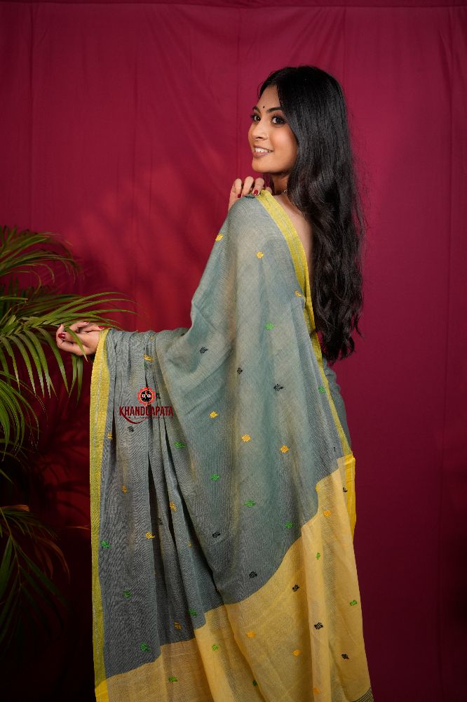 khanduapata Grey and Yellow Dot Pattern Cotton Saree For Women | Grocsy