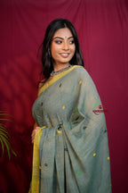 khanduapata Grey and Yellow Dot Pattern Cotton Saree For Women | Grocsy