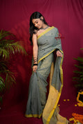 khanduapata Grey and Yellow Dot Pattern Cotton Saree For Women | Grocsy
