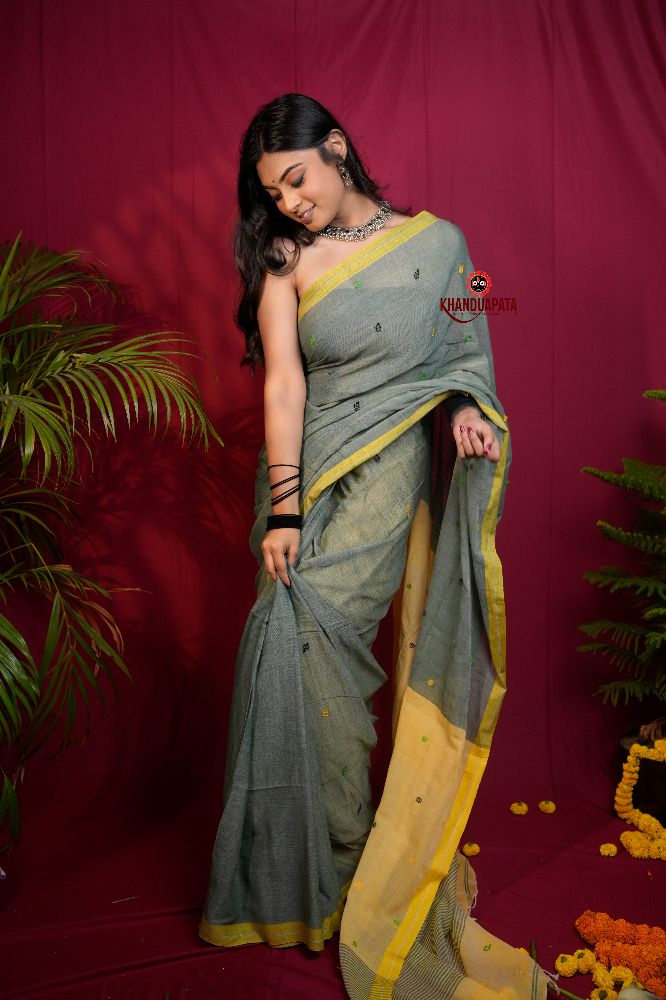 khanduapata Grey and Yellow Dot Pattern Cotton Saree For Women | Grocsy