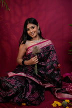 khanduapata Pink & Black Floral Design Silk Saree For Women | Grocsy
