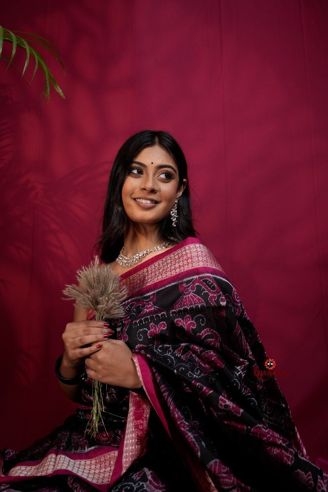 khanduapata Pink & Black Floral Design Silk Saree For Women | Grocsy
