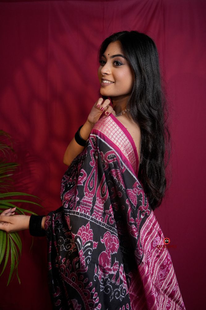 khanduapata Pink & Black Floral Design Silk Saree For Women | Grocsy