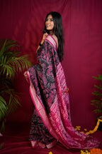 khanduapata Pink & Black Floral Design Silk Saree For Women | Grocsy