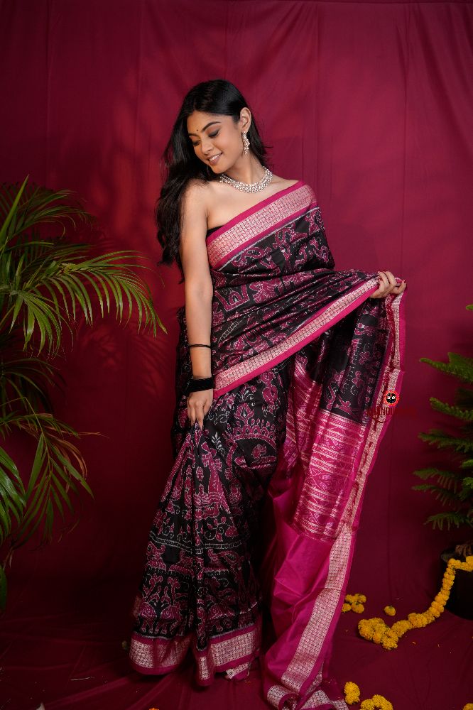 khanduapata Pink & Black Floral Design Silk Saree For Women | Grocsy