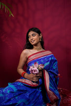 khanduapata Red & Blue Floral Design Silk Saree For Women | Grocsy