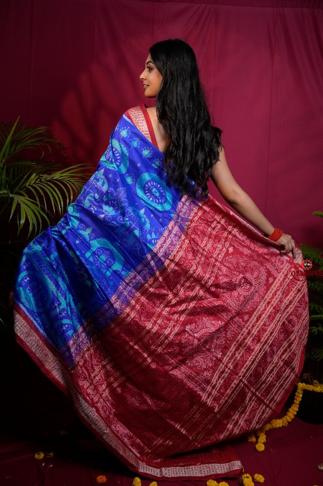 khanduapata Red & Blue Floral Design Silk Saree For Women | Grocsy