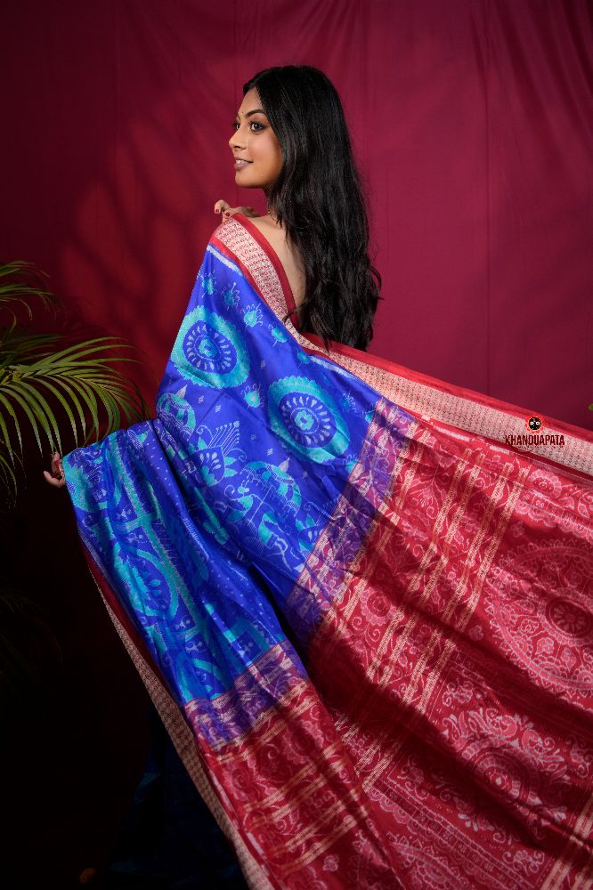 khanduapata Red & Blue Floral Design Silk Saree For Women | Grocsy