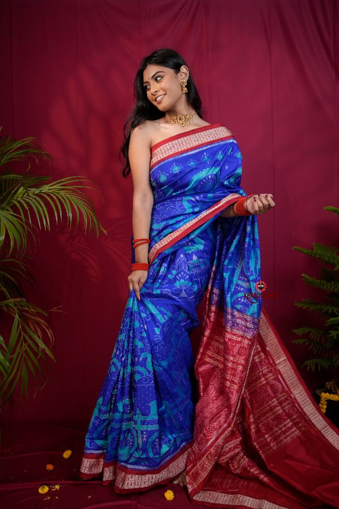 khanduapata Red & Blue Floral Design Silk Saree For Women | Grocsy