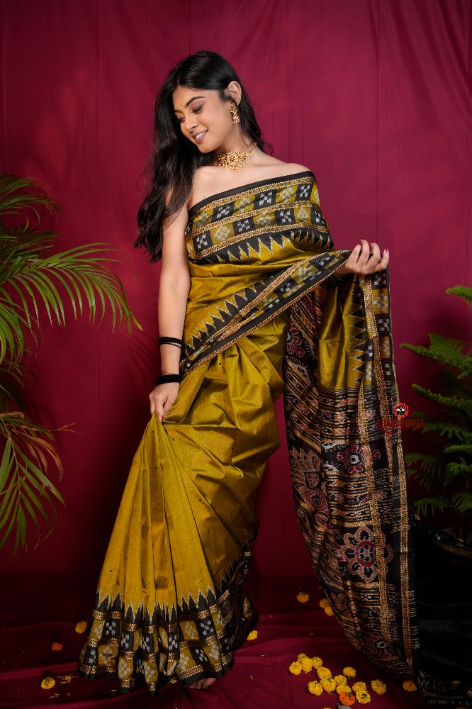 khanduapata Mustard Yellow Colour Double Border Dot Design Silk Saree For Women | Grocsy
