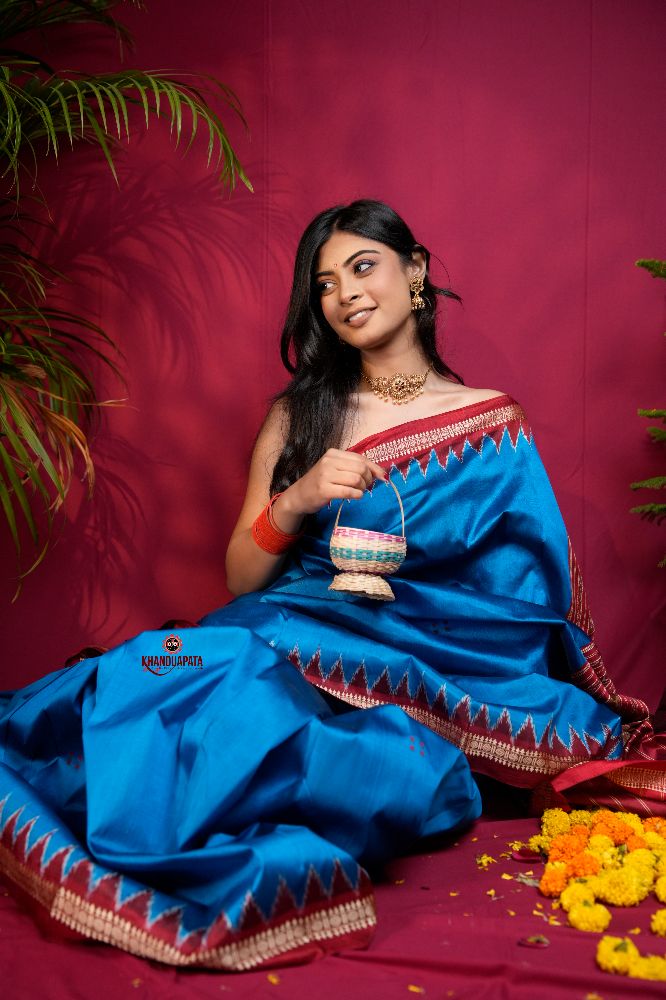 khanduapata Red & Blue Colour Dot Design Silk Saree For Women | Grocsy