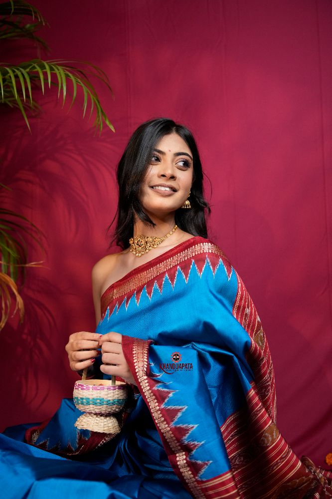 khanduapata Red & Blue Colour Dot Design Silk Saree For Women | Grocsy