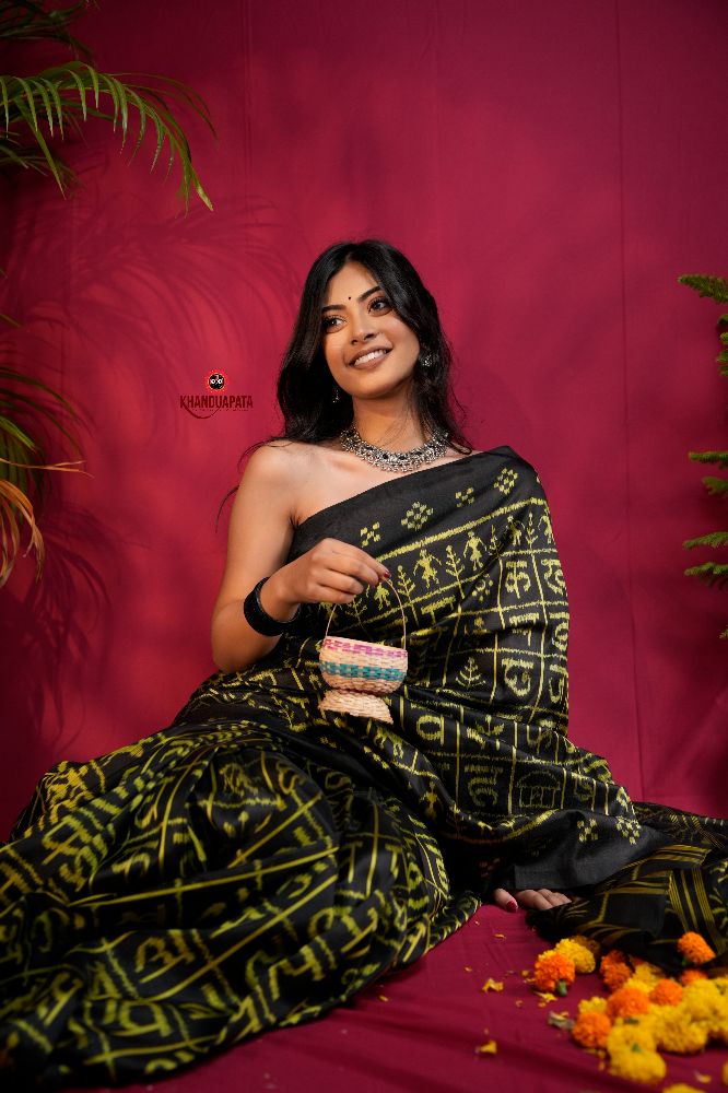 khanduapata Black & Bright Yellow Colour Hindi Alphabet Design Silk Saree For Women | Grocsy