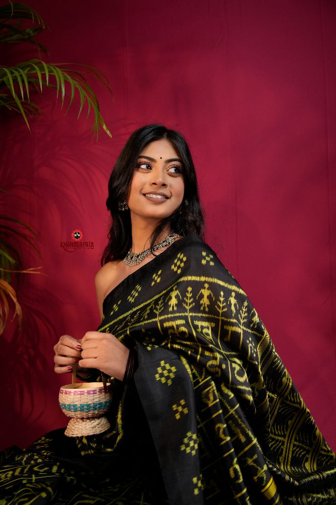 khanduapata Black & Bright Yellow Colour Hindi Alphabet Design Silk Saree For Women | Grocsy