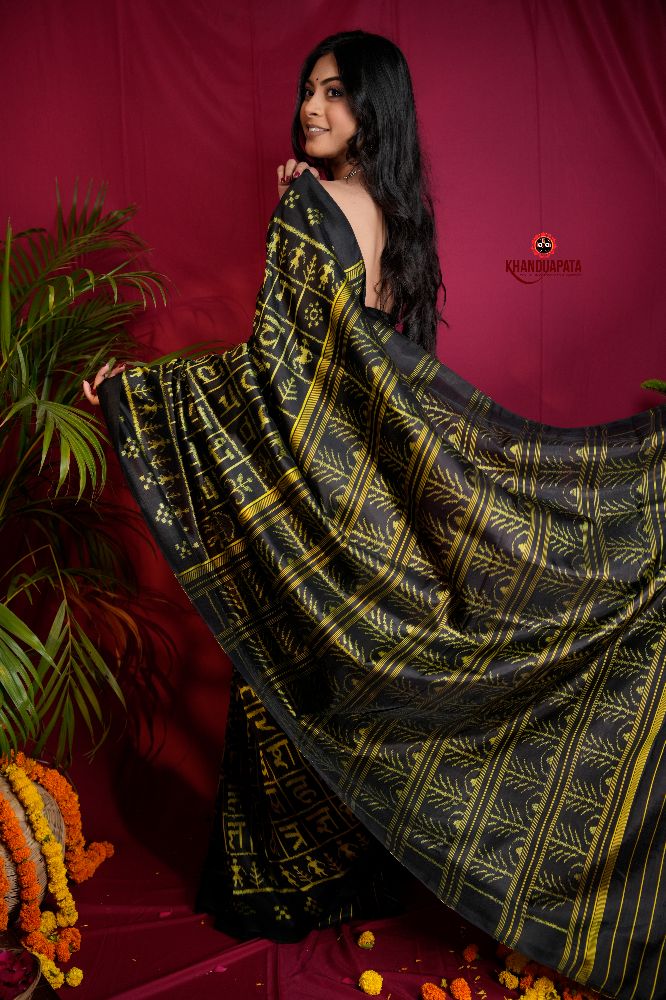 khanduapata Black & Bright Yellow Colour Hindi Alphabet Design Silk Saree For Women | Grocsy