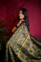 khanduapata Black & Bright Yellow Colour Hindi Alphabet Design Silk Saree For Women | Grocsy